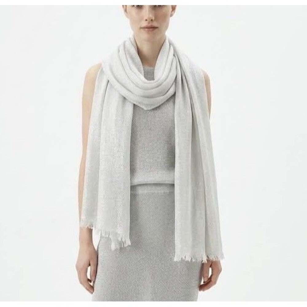 Aqua Ivory Metallic Knit Scarf 28x52 in Fringe Acrylic Viscose Hand Wash